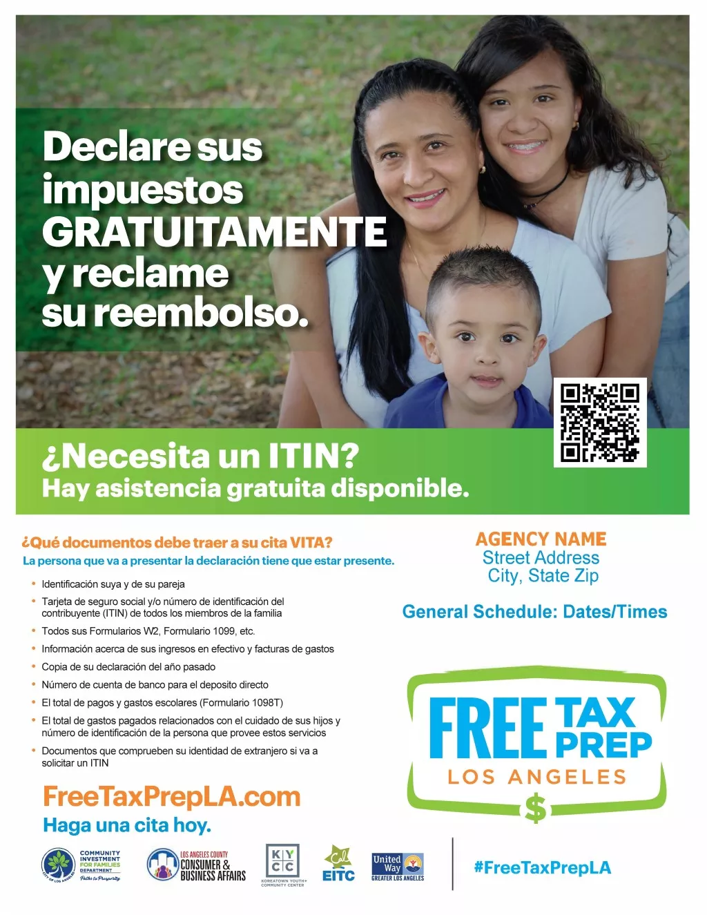 The Spanish FTPLA Flyer in color with a parent, child, and a younger child and a QR code can be scan.  